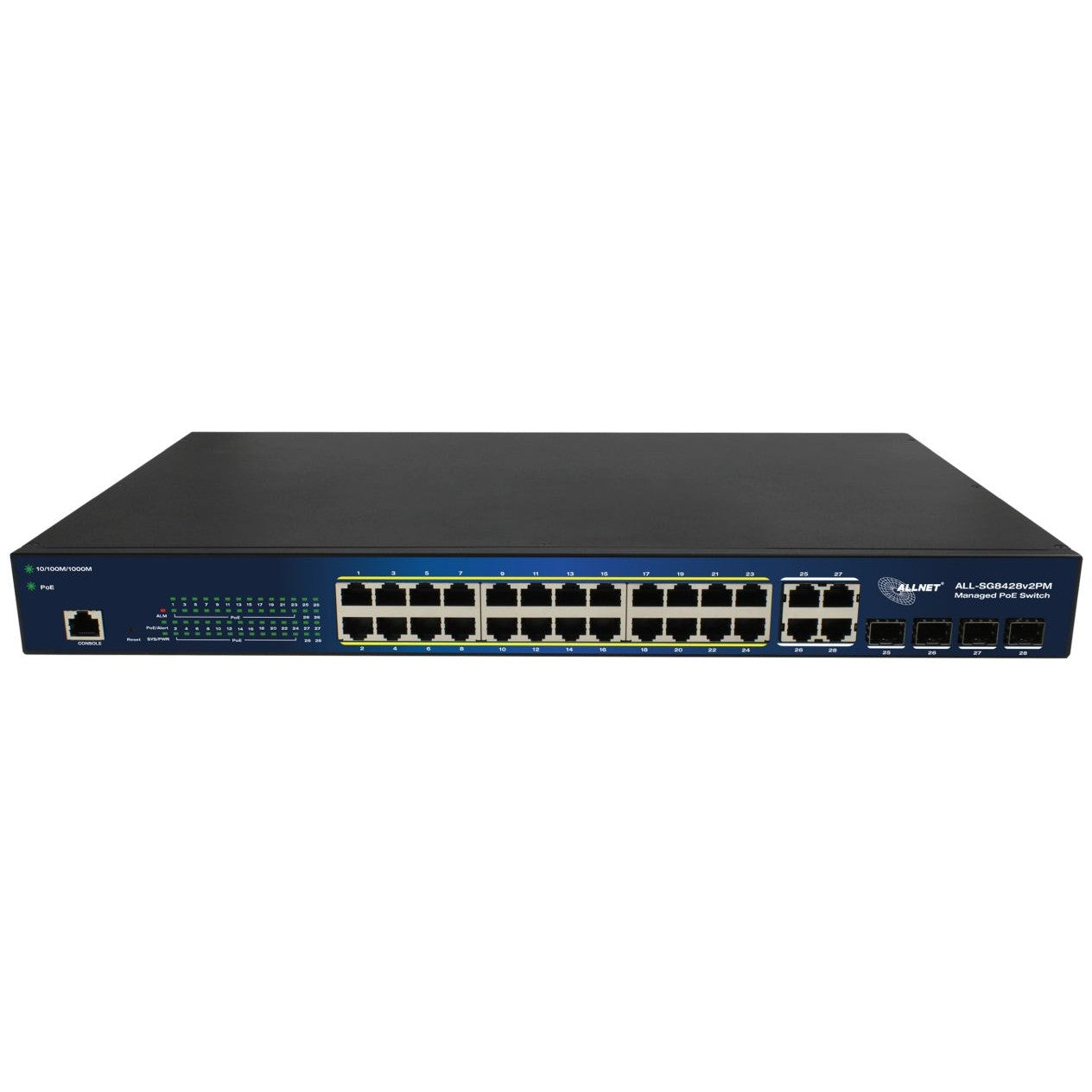 ALLNET ALL-SG8428V2PM. Upravljani. L2. Gigabit Ethernet (10/100/1000). Puni dupleks. Napajanje preko Etherneta (PoE). Montaža u rack
