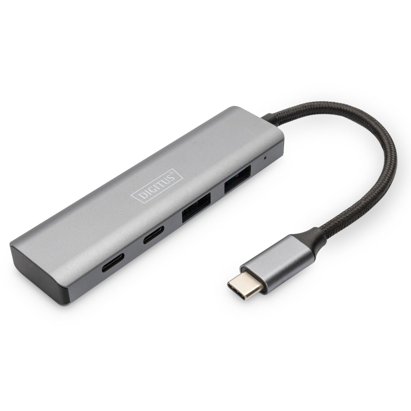 Digitus USB-C Hub. 4 porta. 2x USB A + 2x USB C. USB 3.2 Gen 1 (3.1 Gen 1) Type-C. USB 3.2 Gen 1 (3.1 Gen 1) Type-A. USB 3.2 Gen 1 (3.1 Gen 1) Type-C. 10000 Mbps. Sivi. Aluminijski. Okrugli kabel.