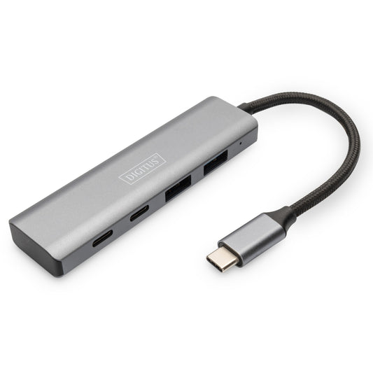 Digitus USB-C Hub. 4 porta. 2x USB A + 2x USB C. USB 3.2 Gen 1 (3.1 Gen 1) Type-C. USB 3.2 Gen 1 (3.1 Gen 1) Type-A. USB 3.2 Gen 1 (3.1 Gen 1) Type-C. 10000 Mbps. Sivi. Aluminijski. Okrugli kabel.