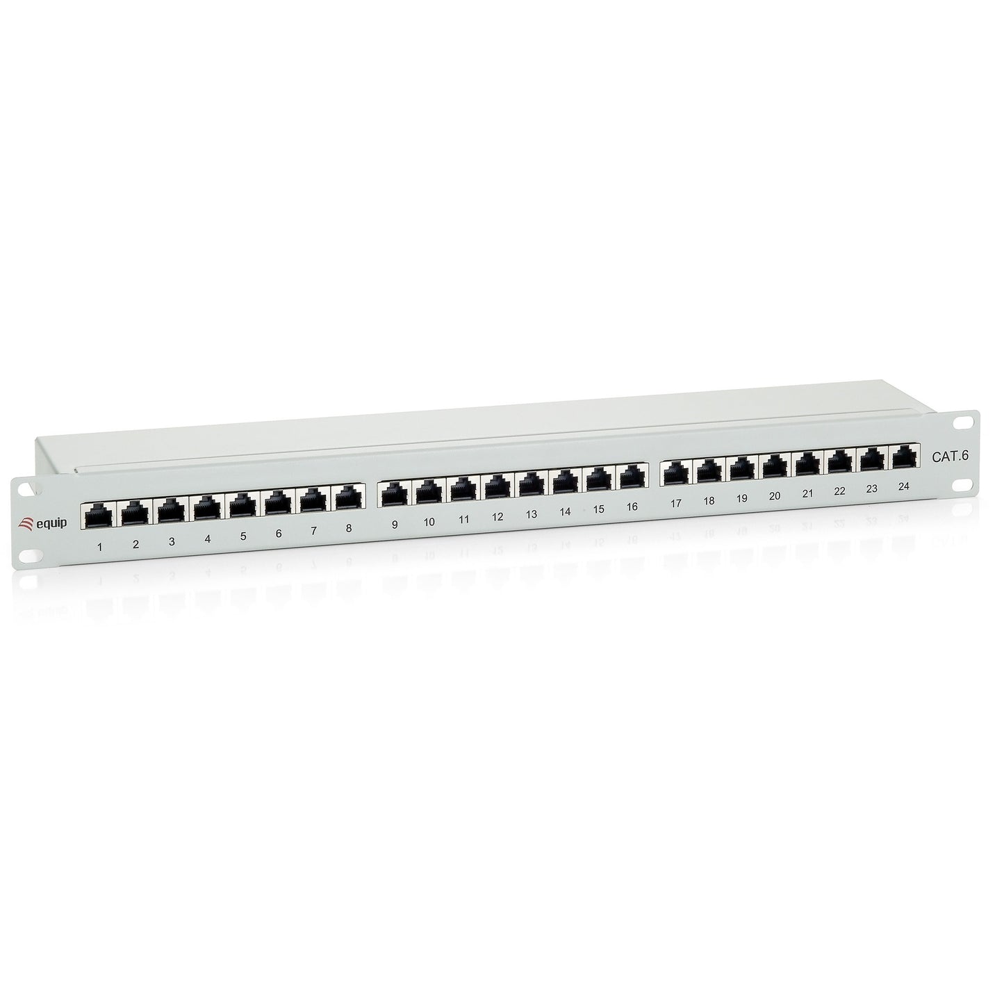 Equip 24-portni Premium Cat.6 oklopljeni patch panel. Svijetlo siva. RJ-45. Zlatna. Cat6. Siva. Montaža u rack. 1U