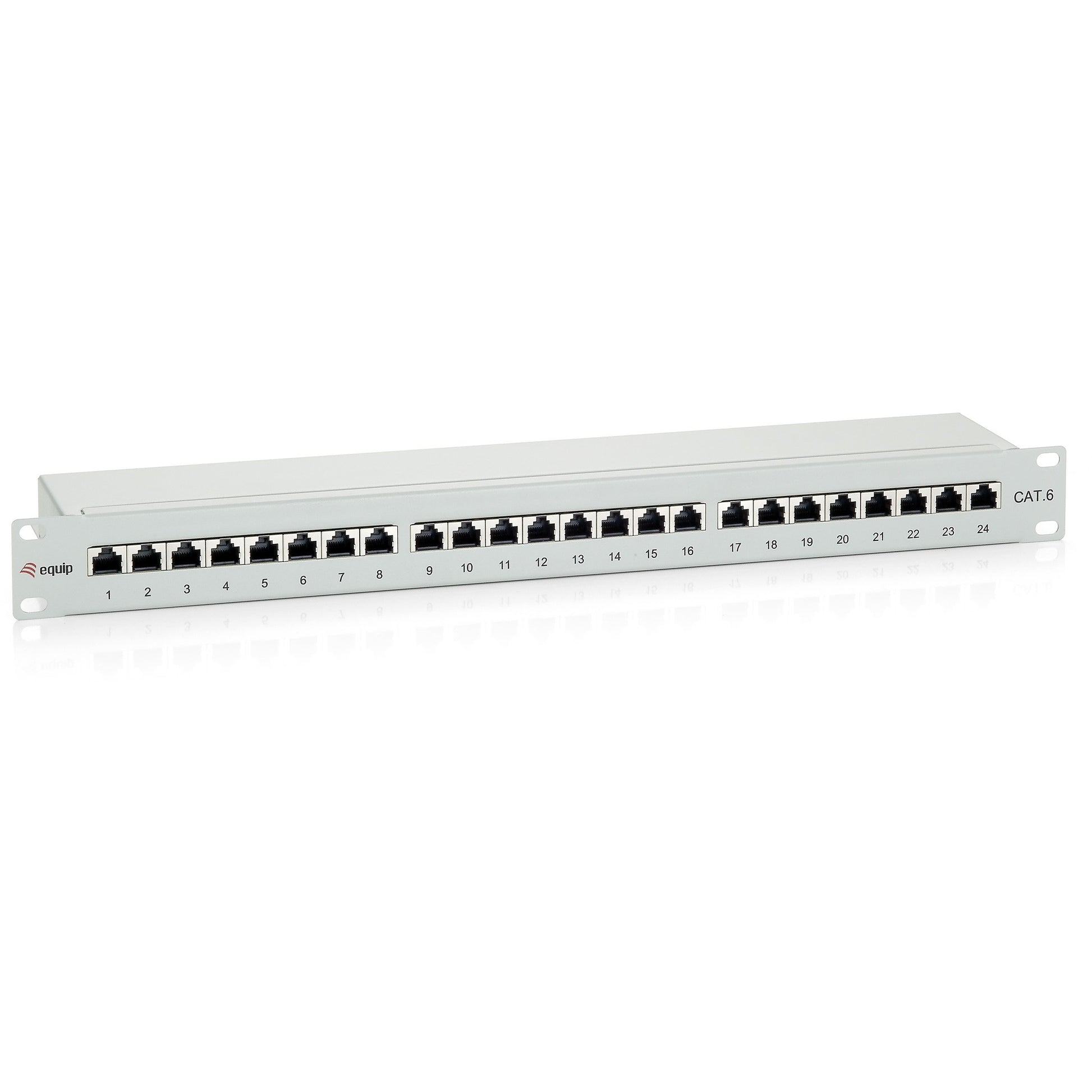 Equip 24-portni Premium Cat.6 oklopljeni patch panel. Svijetlo siva. RJ-45. Zlatna. Cat6. Siva. Montaža u rack. 1U