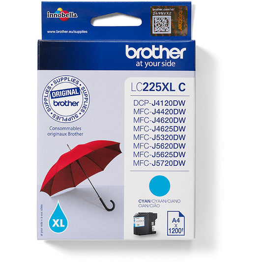 Brother LC225XLC. Visok (XL) kapacitet. Cijan. 1 komad. 1200 stranica. Pojedinačno pakovanje.