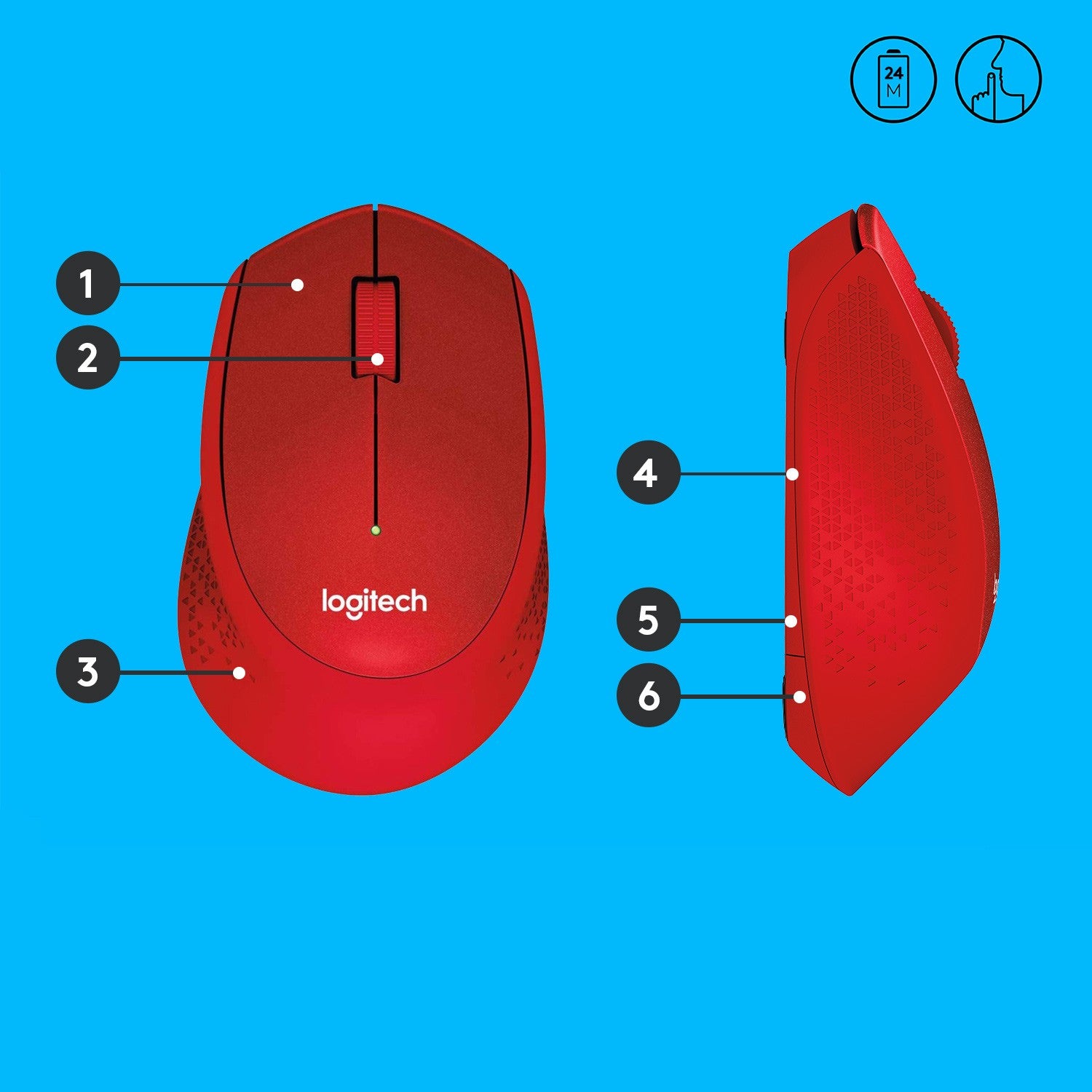 Logitech M330 SILENT PLUS. Za dešnjake. Mehanička. Bežična RF. 1000 DPI. Crvena.