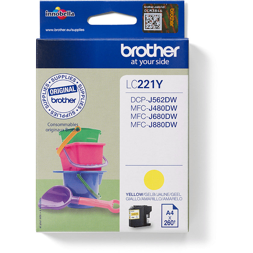 Brother LC221Y. Žuta. Tinta na bazi pigmenta. 1 komad. 260 stranica. Pojedinačno pakovanje.