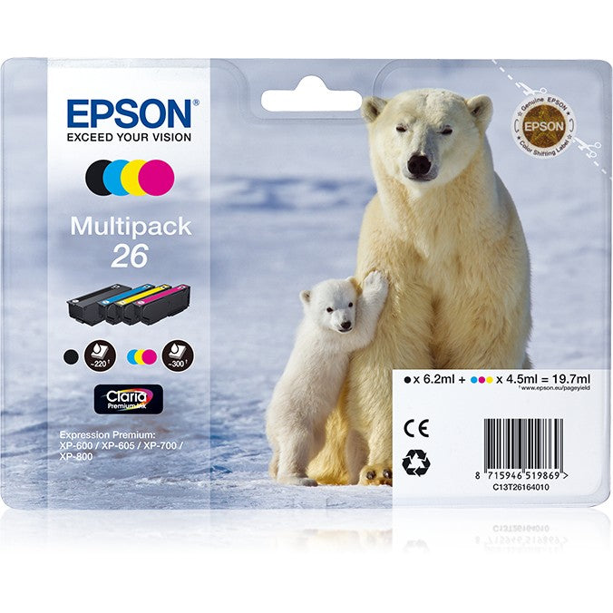 Epson Polar Bear višepakovanje 4 boje 26 Claria Premium tinti. Crna. Cijan. Magenta. Žuta. Tinta na bazi pigmenta. Tinta na bazi boje. 6,2 ml. 4,5 ml. 1 komad(a)
