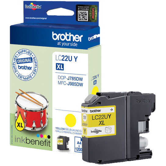 Brother LC22UY. Visok (XL) kapacitet. Žuta. Tinta na bazi pigmenta. 1 komad. 1200 stranica. Pojedinačno pakovanje.