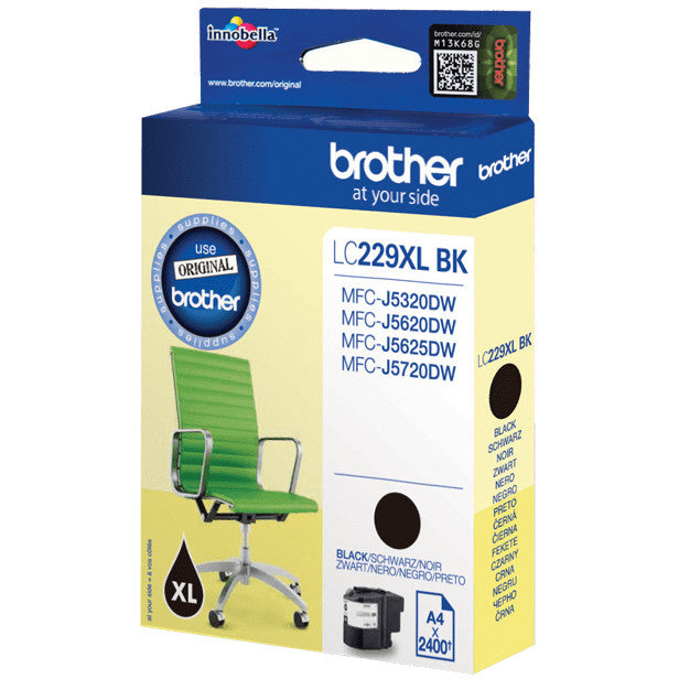Brother LC229XLBK. Crna. Tinta na bazi pigmenta. 1 komad. 2400 stranica. Pojedinačno pakovanje.