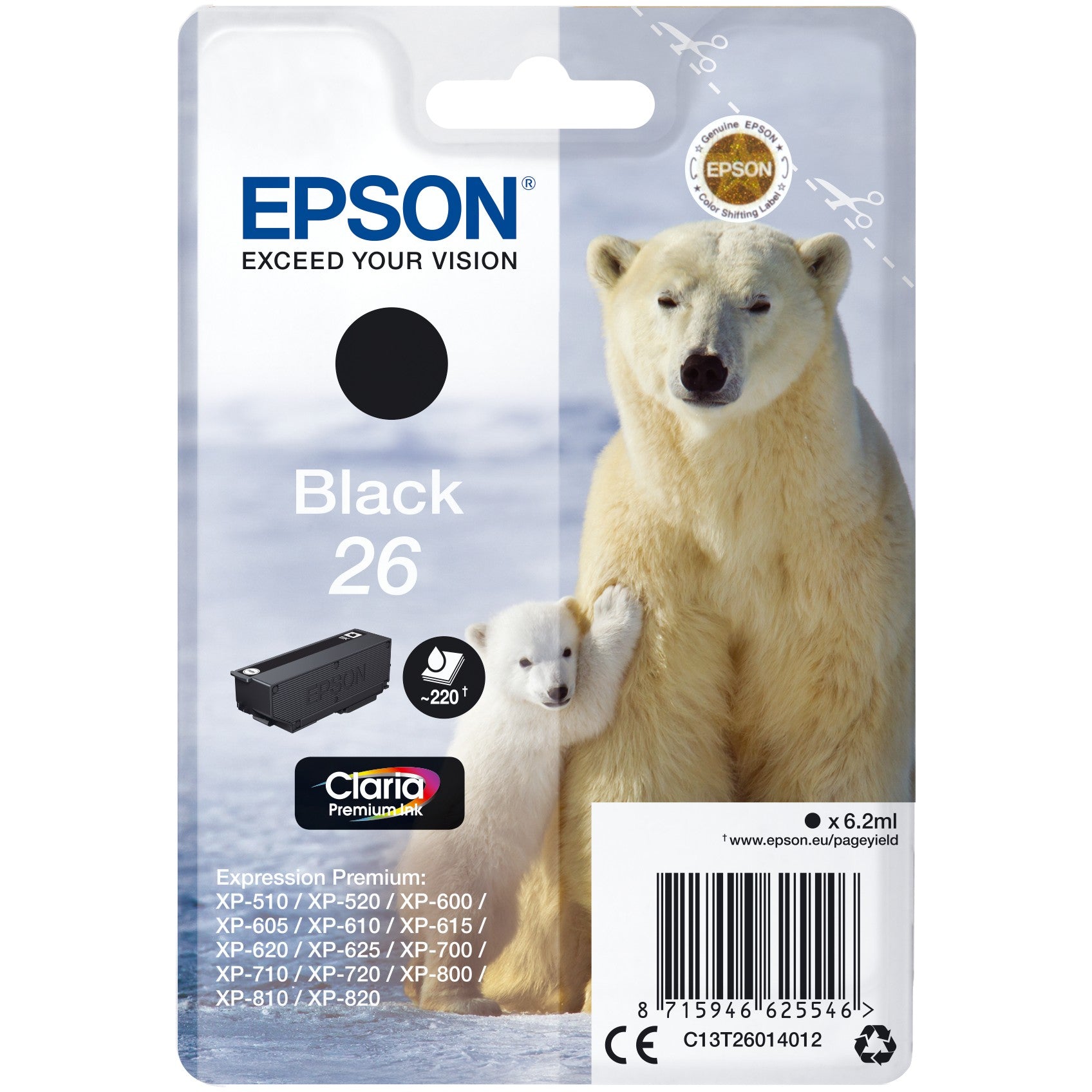 Epson Polar Bear pojedinačno pakovanje crne 26 Claria Premium tinte. Standardni prinos. Crna. Tinta na bazi pigmenta. 6,2 ml. 1 komad. 220 stranica.