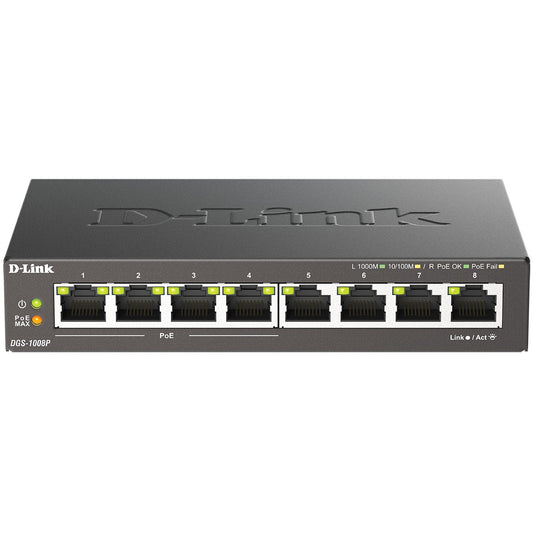 D-Link DGS-1008P/E. Neupravljan. L2. Gigabit Ethernet (10/100/1000). Puni dupleks. Napajanje preko Etherneta (PoE). Desktop