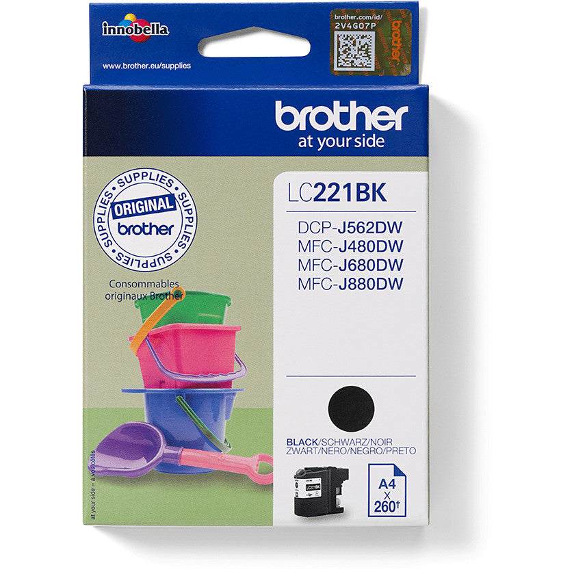 Brother LC221BK. Crna. Tinta na bazi pigmenta. 1 komad. 260 stranica. Pojedinačno pakovanje.