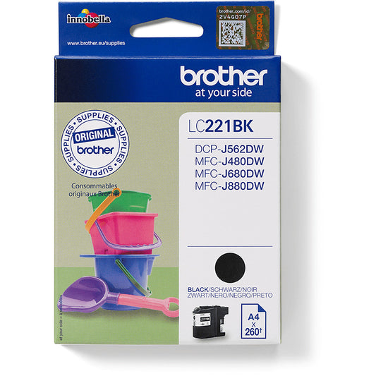 Brother LC221BK. Crna. Tinta na bazi pigmenta. 1 komad. 260 stranica. Pojedinačno pakovanje.