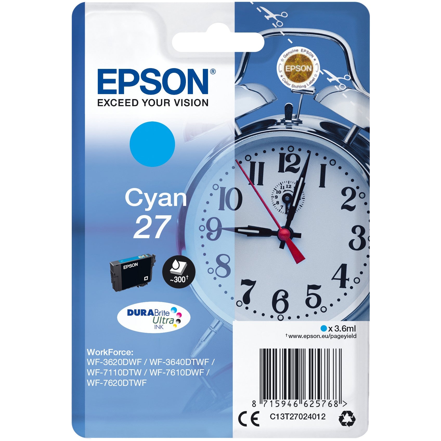 Epson Alarm Clock Singlepack Cyan 27 DURABrite Ultra tinta. Standardni prinos. Cijan. 3,6 ml. 1 komad. 300 stranica.