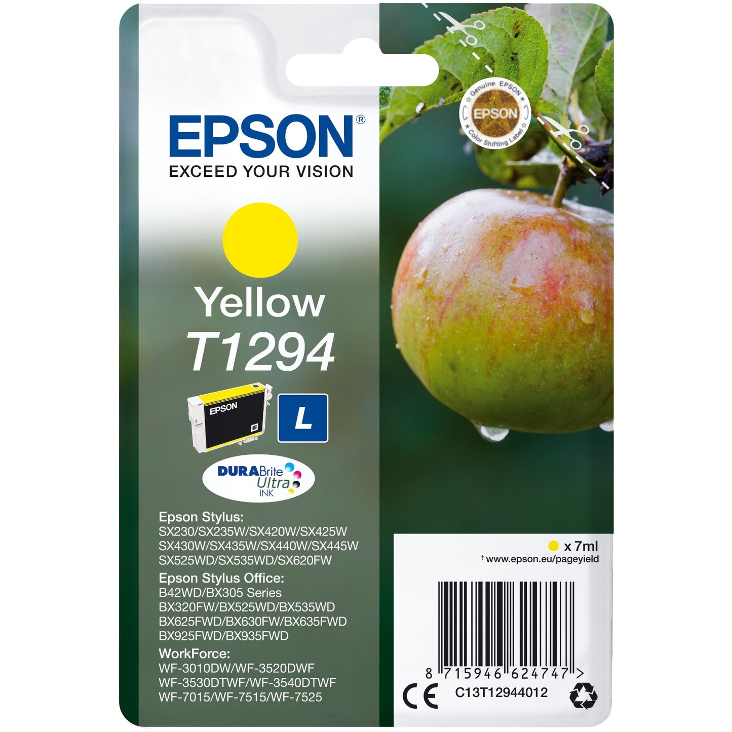 Epson Apple pojedinačno pakovanje žute T1294 DURABrite Ultra tinte. Žuta. Tinta na bazi pigmenta. 7 ml. 1 komad. 616 stranica.