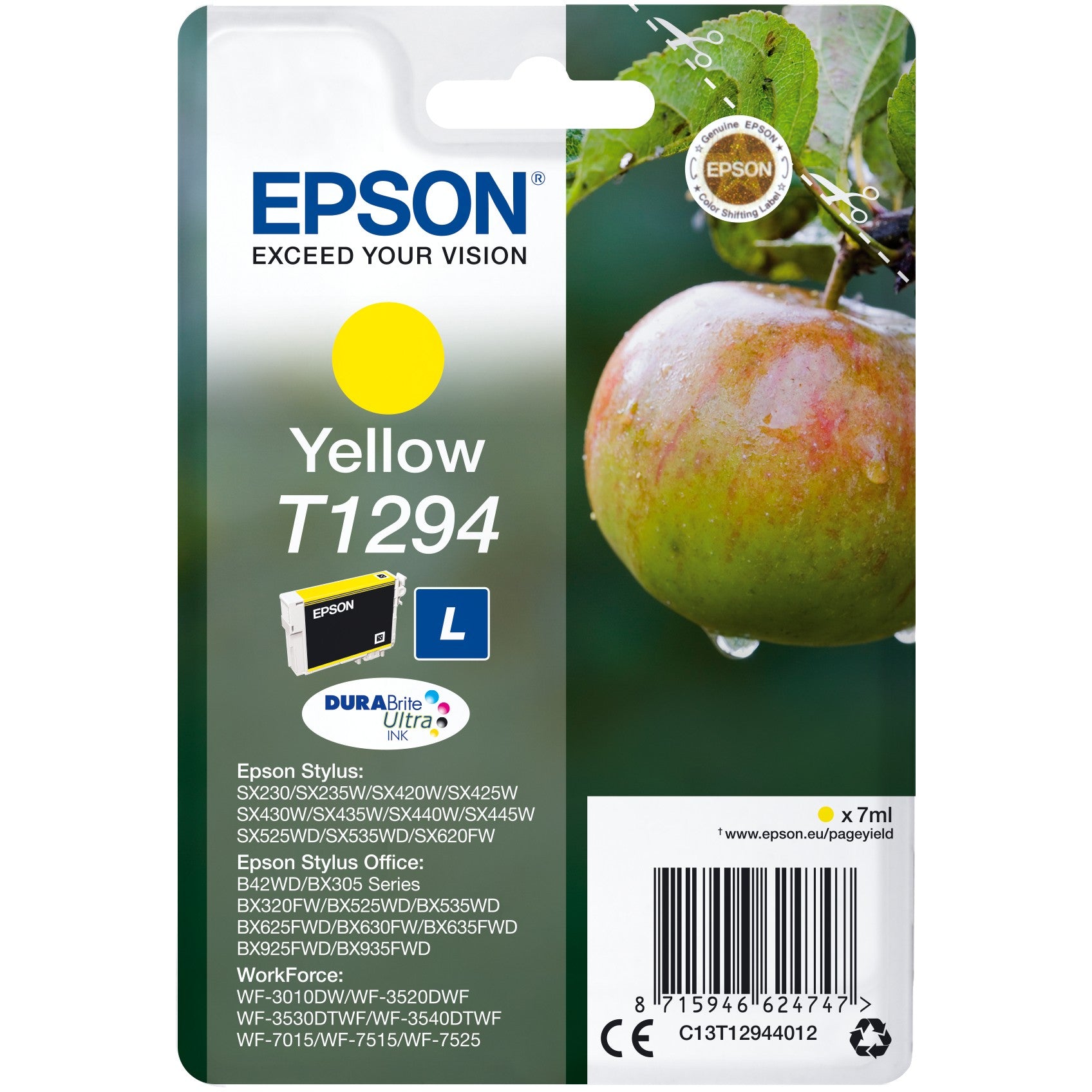 Epson Apple pojedinačno pakovanje žute T1294 DURABrite Ultra tinte. Žuta. Tinta na bazi pigmenta. 7 ml. 1 komad. 616 stranica.