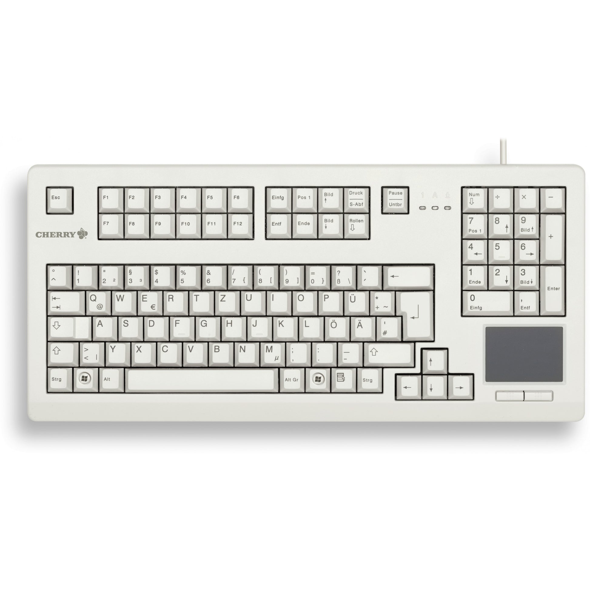 CHERRY TouchBoard G80-11900 Žičana tastatura sa touchpadom. Svijetlosiva. USB (QWERTZ - njemački). Puna veličina (100%). Žičana. USB. Mehanička tastatura. QWERTZ. Siva