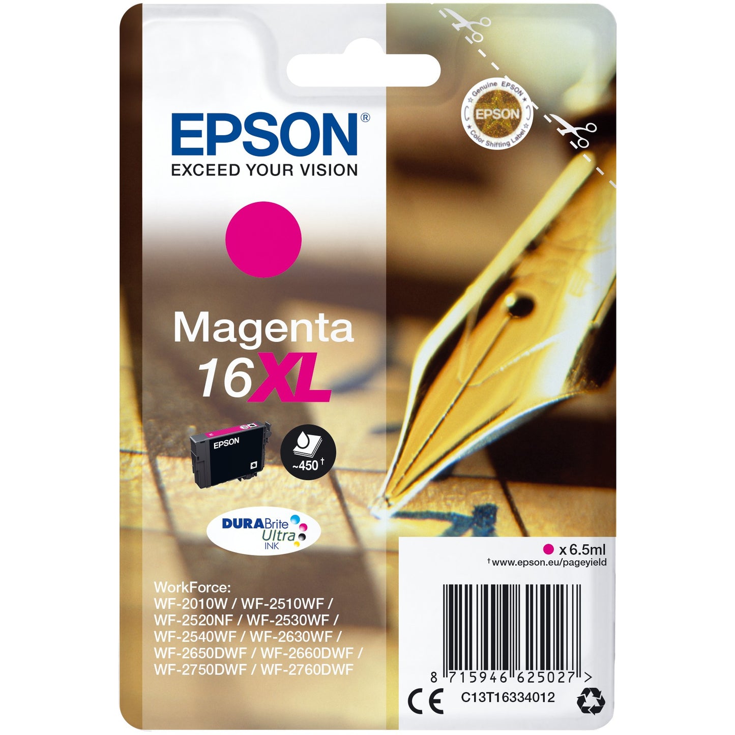 Epson olovka i ukrštenica, pojedinačno pakovanje, magenta 16XL DURABrite Ultra mastilo. Visok (XL) prinos. Magenta. Mastilo na bazi pigmenta. 6,5 ml. 1 komad. 450 stranica.