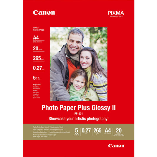 Canon PP-201 sjajni II foto papir Plus A4 – 20 listova. Sjajni. 260 g/m². A4. Bijeli. 20 listova. - Bubble Jet: BJC 8200 Photo. i250. i320. i350. i450. i455. i470D. i475D. i550. i560. i6500. i70....