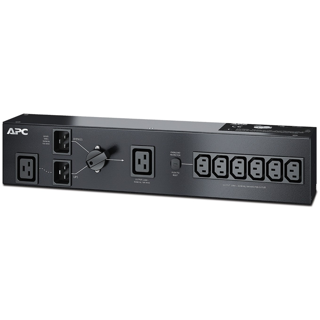 APC servisni bypass PDU. 230 V. 16 A sa (6) IEC C13 i (1) C19. RoHS. VDE. REACH. 0 - 40 °C. 0 - 95%. 432 mm. 76 mm