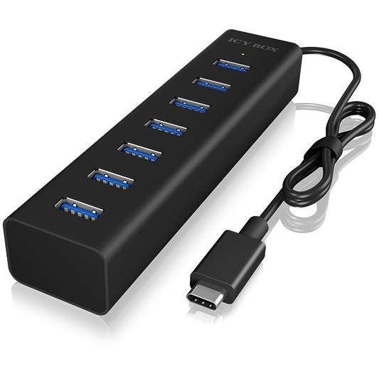 ICY BOX IB-HUB1700-C3. Type-C® na 7-portni USB 3.2 Gen 1 hub. Aluminijsko kućište. USB 3.2 Gen 1 (3.1 Gen 1) Type-C. USB 3.2 Gen 1 (3.1 Gen 1) Type-A. 5000 Mbit/s. Crno. Aluminij. 0,4 m