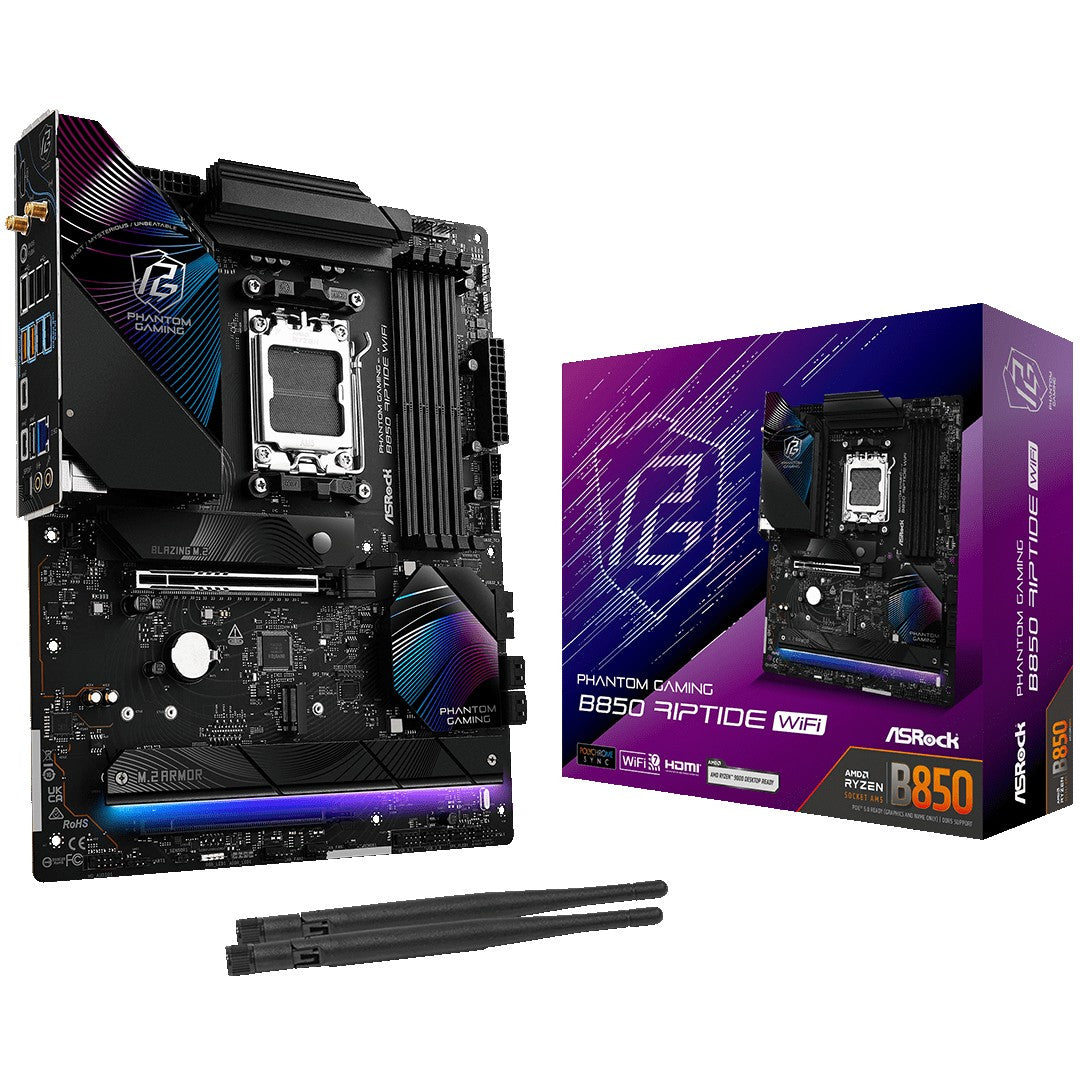 Asrock Phantom Gaming B850 Riptide WiFi. AMD. Podnožje AM5. AMD Ryzen 7000 serija. AMD Ryzen 8000 serija. AMD Ryzen 9000 serija. Podnožje AM5. DDR5 SDRAM. 256GB