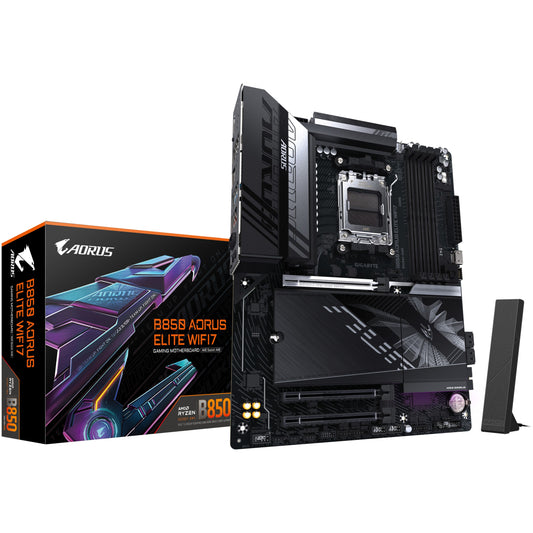 GIGABYTE B850 AORUS ELITE WIFI7 matična ploča - AMD Ryzen 9000 serija procesora. 14+2+2 fazni digitalni VRM. Do 8200MHz DDR5 (OC). 1x PCIe 5.0 + 2x PCIe 4.0 M.2. 2.5 LAN. WIFI 7. USB 3.2 Gen 2x2. AMD. Podnožje AM5. AMD Ryzen 7000 serija. AMD Ryzen 8000 serija. AMD Ryzen 9000 serija. Podnožje AM5. DDR5-SDRAM. 256 GB