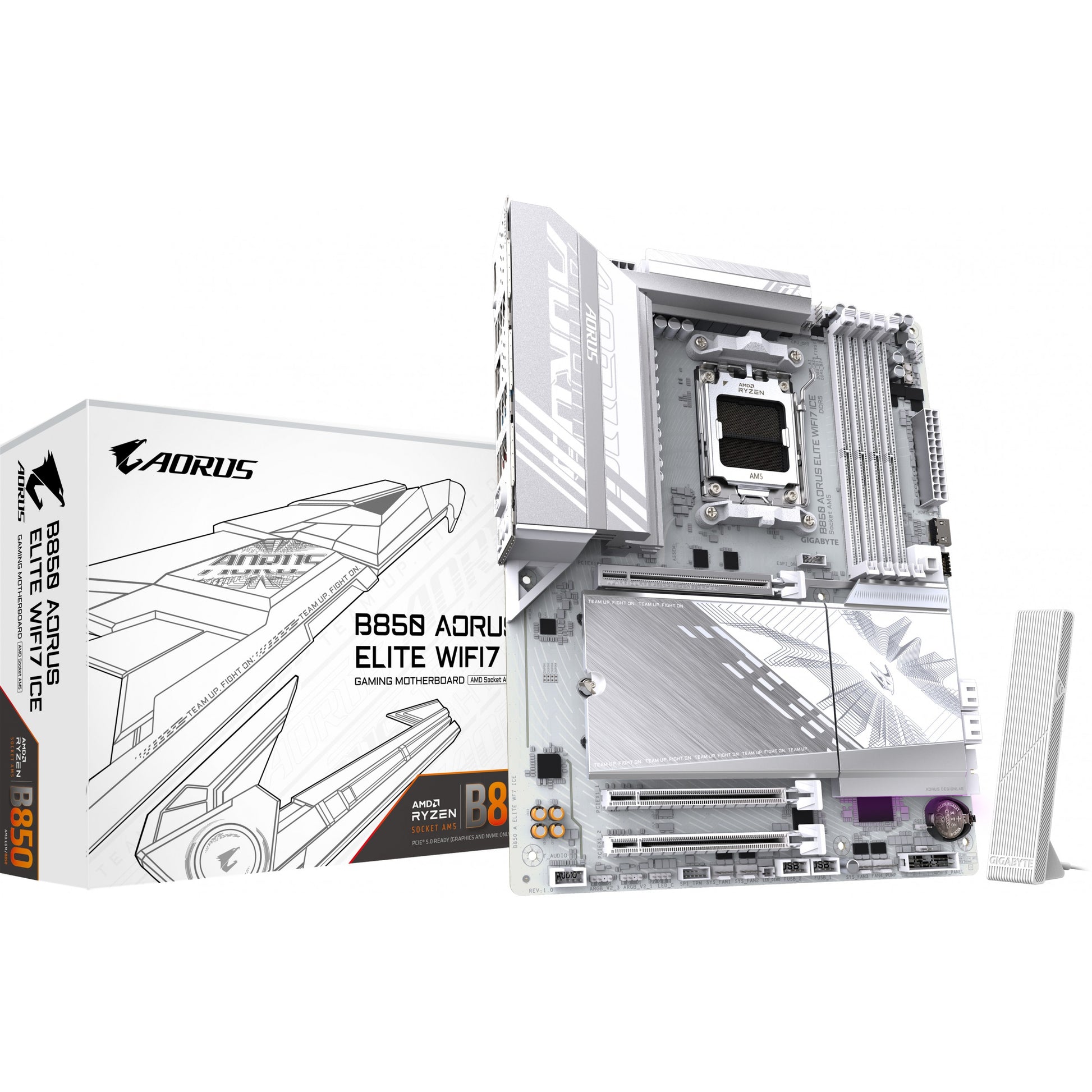 GIGABYTE B850 AORUS ELITE WIFI7 ICE matična ploča - AMD Ryzen 9000 serija procesora. 14+2+2 fazni digitalni VRM. Do 8200MHz DDR5 (OC). 1x PCIe 5.0 + 2x PCIe 4.0 M.2. 2.5 LAN. WIFI 7. USB 3.2 Gen 2x2. AMD. Podnožje AM5. AMD Ryzen 7000 serija. AMD Ryzen 8000 serija. AMD Ryzen 9000 serija. Podnožje AM5. DDR5-SDRAM. 256 GB