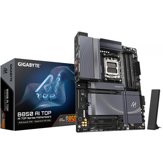 GIGABYTE B850 AI TOP matična ploča - AMD Ryzen 9000 serija procesora. 16+2+2 faze digitalnog VRM-a. do 8600MHz DDR5 (OC). 2xPCIe 5.0 + 1xPCIe 4.0 M.2. 10GbE LAN. WIFI 7. USB 3.2 Gen 2x2. AMD. Podnožje AM5. AMD Ryzen 7000 serija. AMD Ryzen 8000 serija. AMD Ryzen 9000 serija. Podnožje AM5. DDR5 SDRAM. 256GB