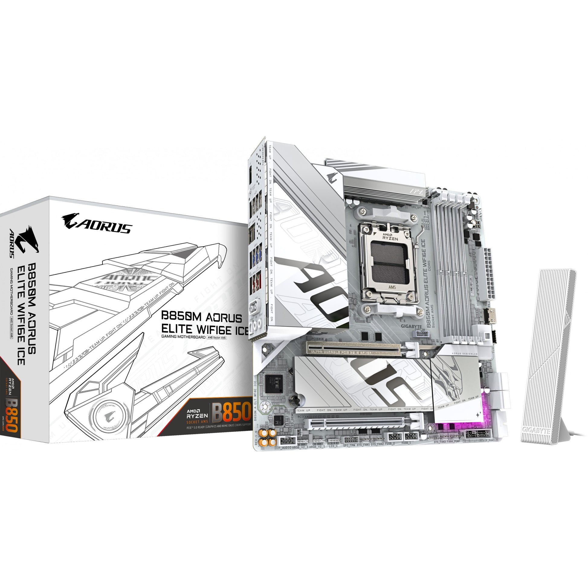 GIGABYTE B850M AORUS ELITE WIFI6E ICE matična ploča - AMD Ryzen 9000 serija procesora. 12+2+1 faze digitalnog VRM-a. do 8200MHz DDR5 (OC). 1xPCIe 5.0 + 1xPCIe 4.0 M.2. 2.5 LAN. WIFI 7. USB 3.2 Gen 2. AMD. Podnožje AM5. AMD Ryzen 7000 serija. AMD Ryzen 8000 serija. AMD Ryzen 9000 serija. Podnožje AM5. DDR5 SDRAM. 256GB