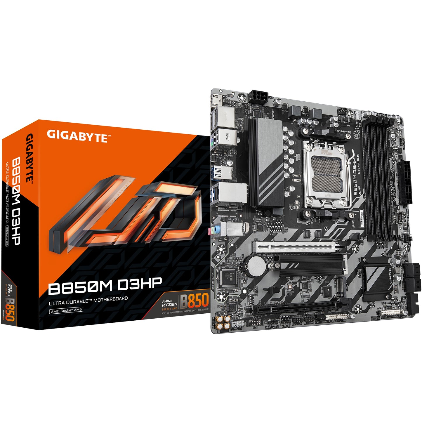 GIGABYTE B850M D3HP matična ploča - AMD Ryzen 9000 serija procesora. 5+2+2 faze digitalnog VRM-a. do 8200MHz DDR5 (OC). 1xPCIe 5.0 + 1xPCIe 4.0 M.2. GbE LAN. USB 3.2 Gen 2. AMD. Socket AM5. AMD Ryzen 7000 serija. AMD Ryzen 8000 serija. AMD Ryzen 9000 serija. Socket AM5. DDR5 SDRAM. 256GB